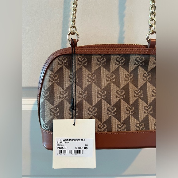 NWT Sandro Marron Brown Small Canvas Leather Logo Chain Strap Crossbody Bag - Picture 9 of 16